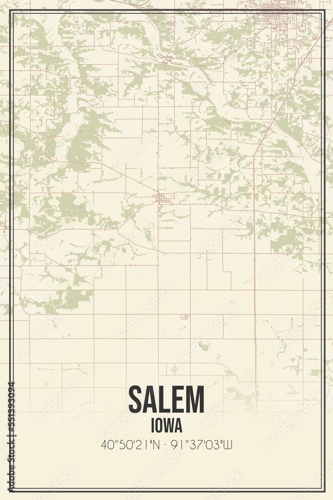 Retro US city map of Salem, Iowa. Vintage street map.
