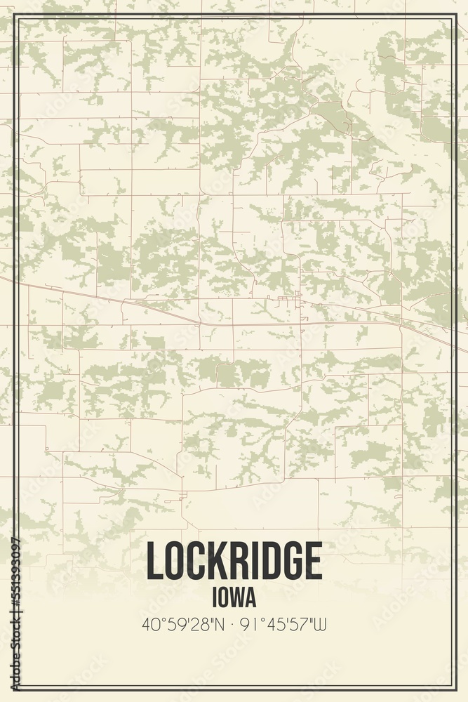Retro US city map of Lockridge, Iowa. Vintage street map.