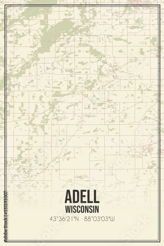 Retro US city map of Adell  Wisconsin. Vintage street map.