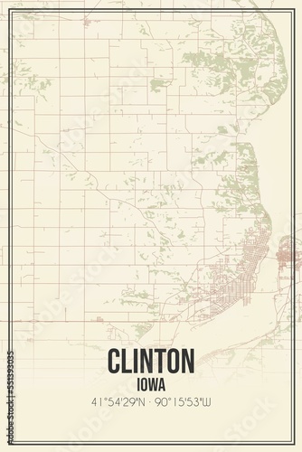 Retro US city map of Clinton  Iowa. Vintage street map.
