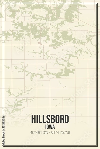 Retro US city map of Hillsboro  Iowa. Vintage street map.