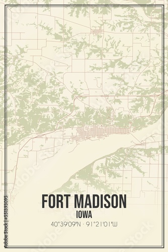Retro US city map of Fort Madison, Iowa. Vintage street map.
