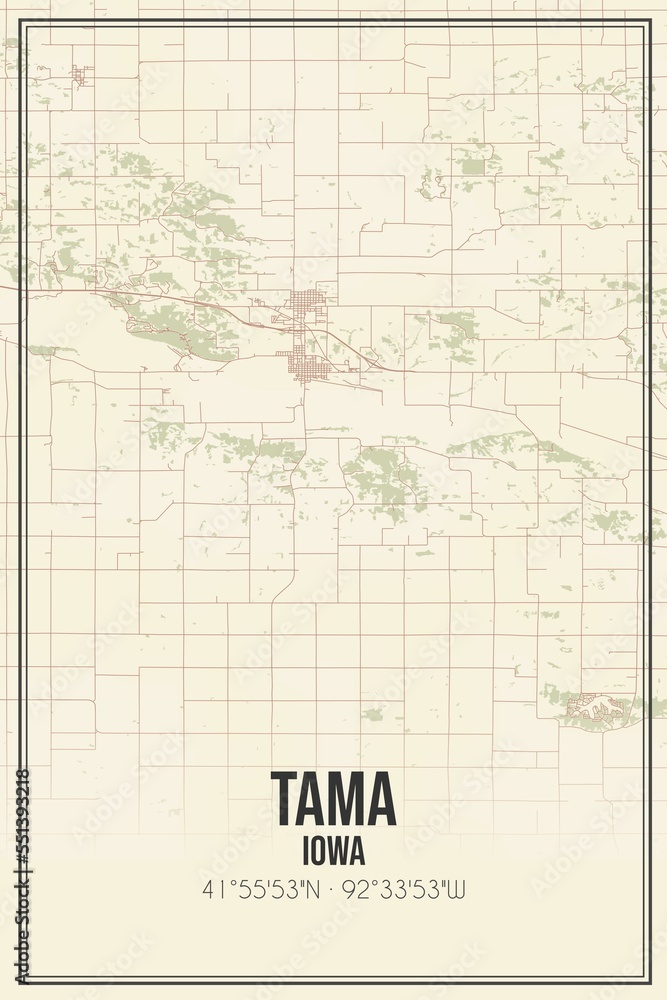 Retro US city map of Tama, Iowa. Vintage street map.