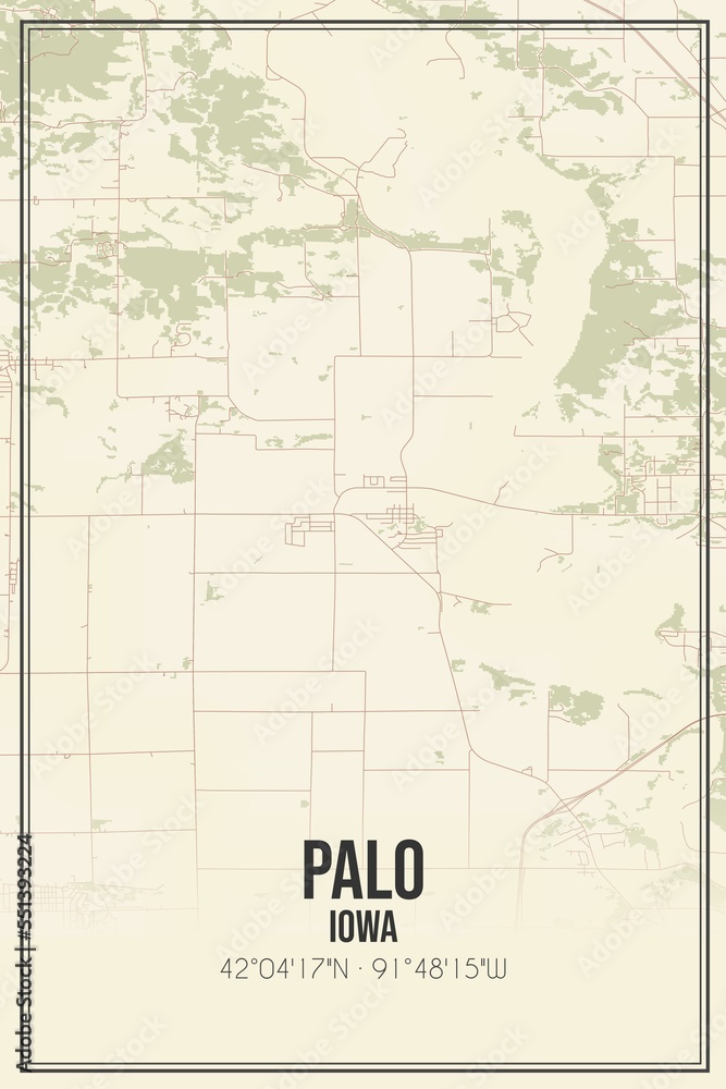 Retro US city map of Palo, Iowa. Vintage street map.