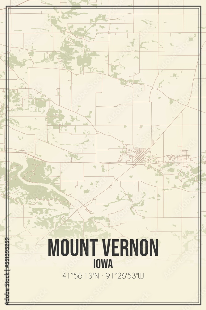 Retro US city map of Mount Vernon, Iowa. Vintage street map.