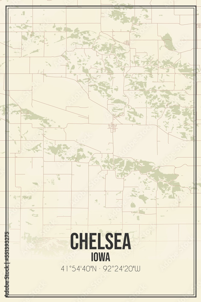 Retro US city map of Chelsea, Iowa. Vintage street map.