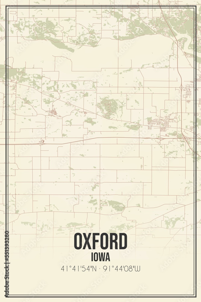 Retro US city map of Oxford, Iowa. Vintage street map.