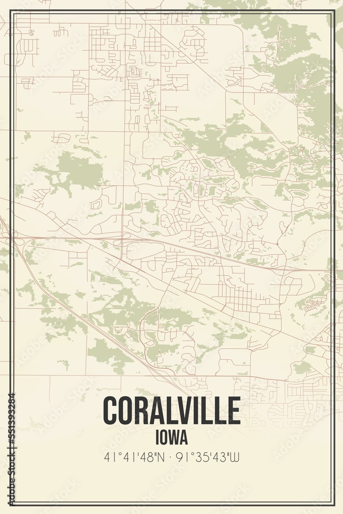 Fototapeta premium Retro US city map of Coralville, Iowa. Vintage street map.