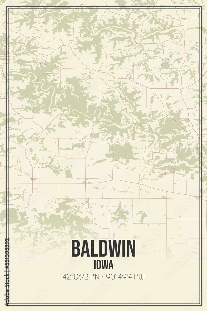 Retro US city map of Baldwin, Iowa. Vintage street map.