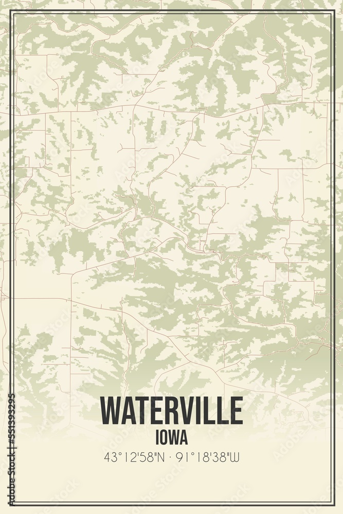 Retro US city map of Waterville, Iowa. Vintage street map.