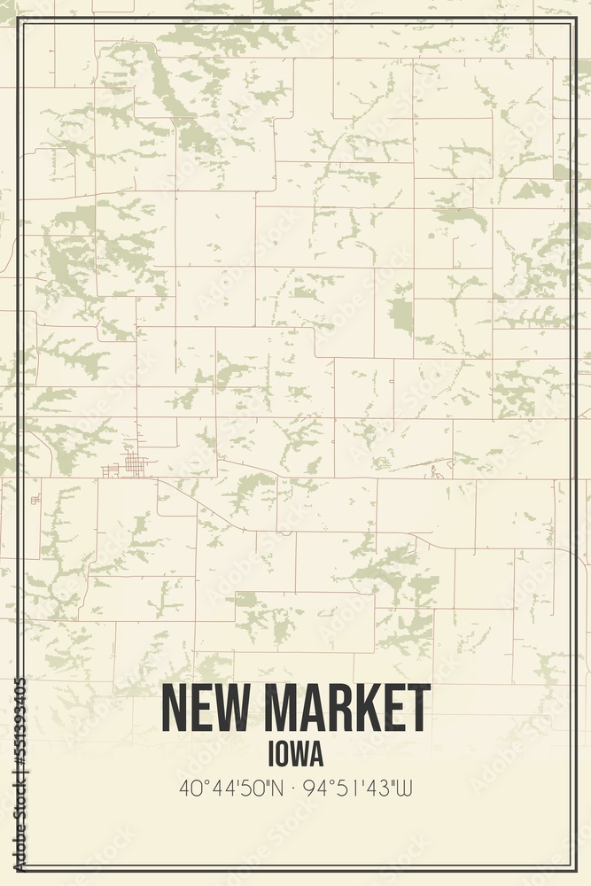 Retro US city map of New Market, Iowa. Vintage street map.