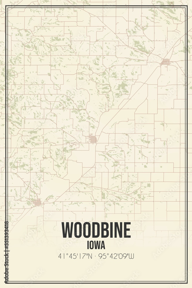 Retro US city map of Woodbine, Iowa. Vintage street map.