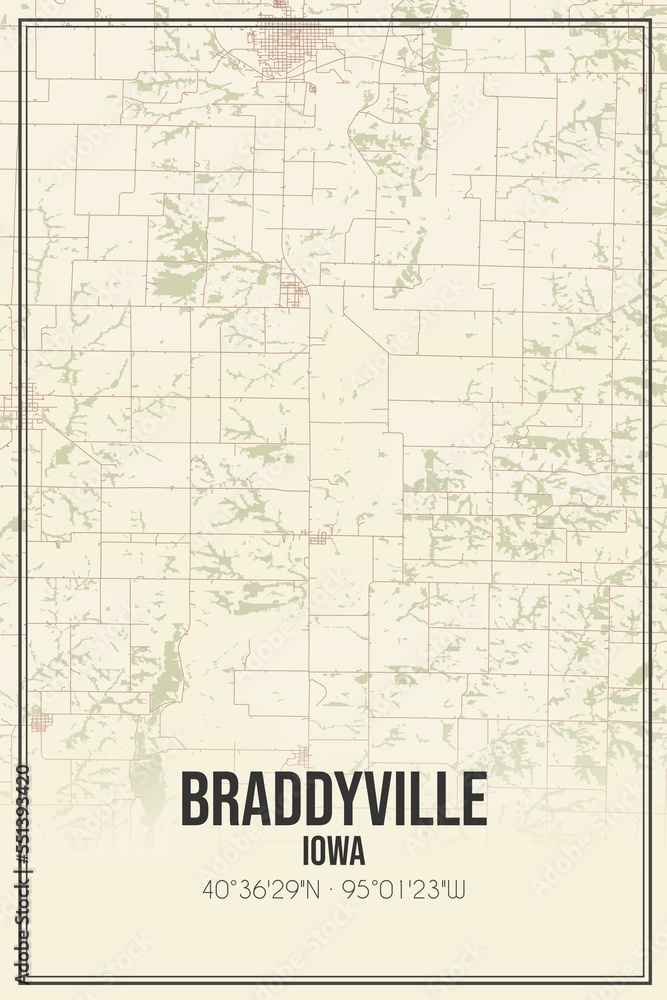 Retro US city map of Braddyville, Iowa. Vintage street map.