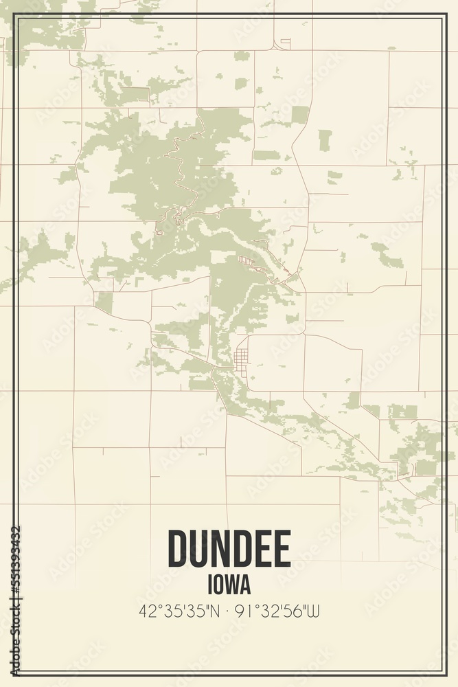 Retro US city map of Dundee, Iowa. Vintage street map.