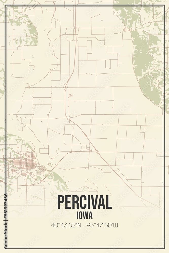 Retro US city map of Percival, Iowa. Vintage street map.
