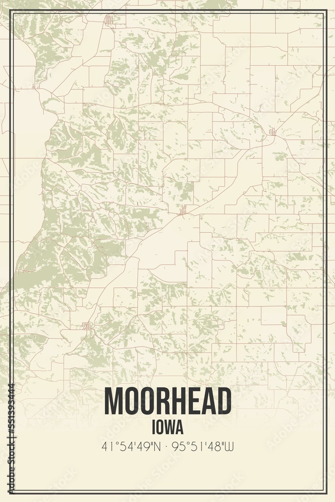 Retro US city map of Moorhead, Iowa. Vintage street map.