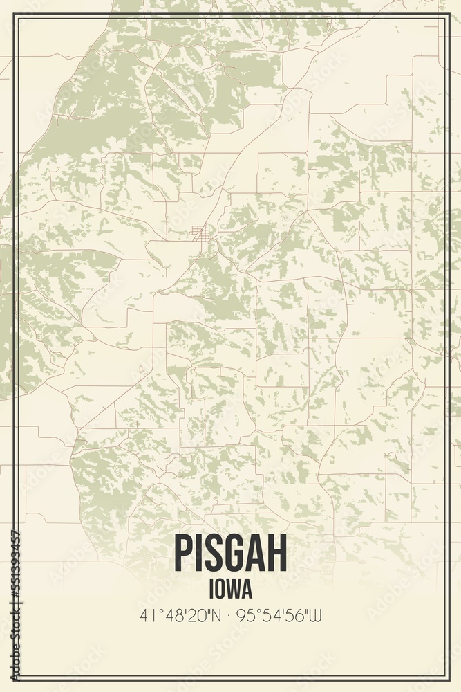 Retro US city map of Pisgah, Iowa. Vintage street map.
