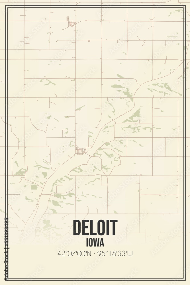 Retro US city map of Deloit, Iowa. Vintage street map.