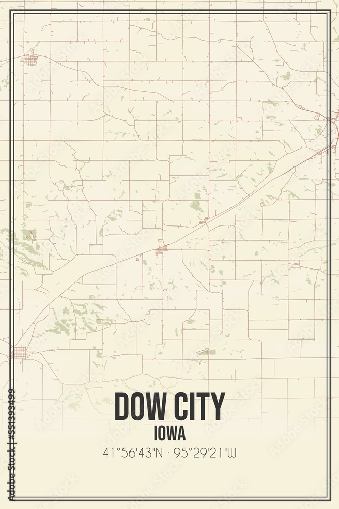 Retro US city map of Dow City, Iowa. Vintage street map.