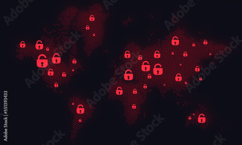 Digital Dark Red Background with Warning Ribbon. Data Breach Concept