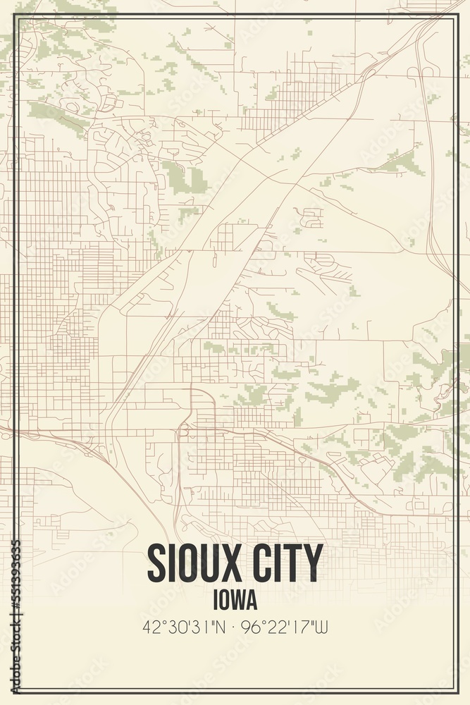 Retro US city map of Sioux City, Iowa. Vintage street map.