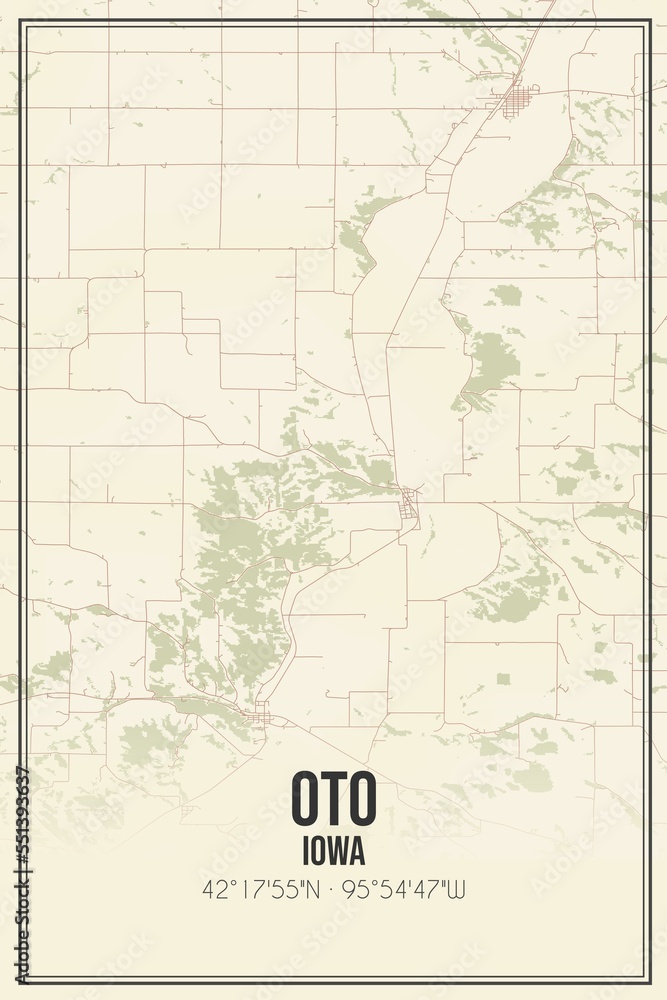 Retro US city map of Oto, Iowa. Vintage street map.
