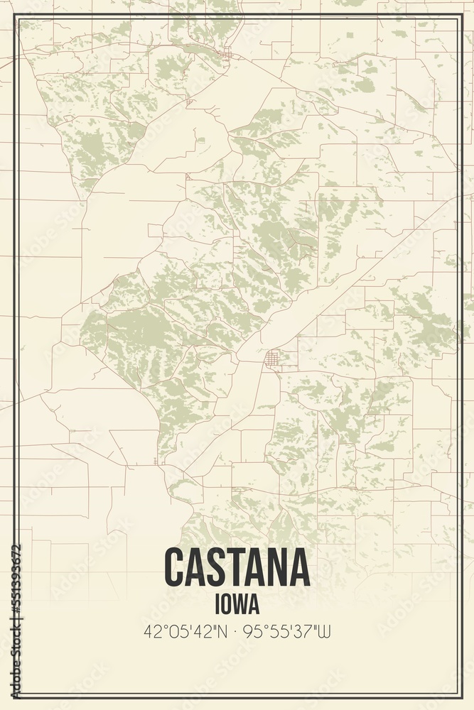 Retro US city map of Castana, Iowa. Vintage street map.