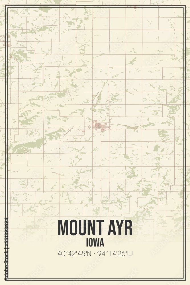 Retro US city map of Mount Ayr, Iowa. Vintage street map.