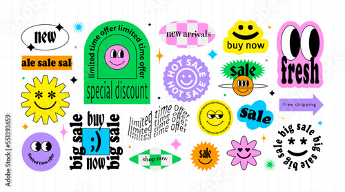 Colorful happy face business sale sticker collection. Set of trendy retro cartoon label for store discount, online promotion or social media post. Fun y2k style graphic element bundle.
