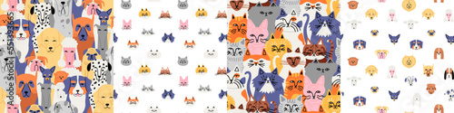 Set of funny cat and dog animal crowd cartoon seamless pattern in flat illustration style. Cute domestic pet group background collection, diverse breed wallpaper print. © Dedraw Studio