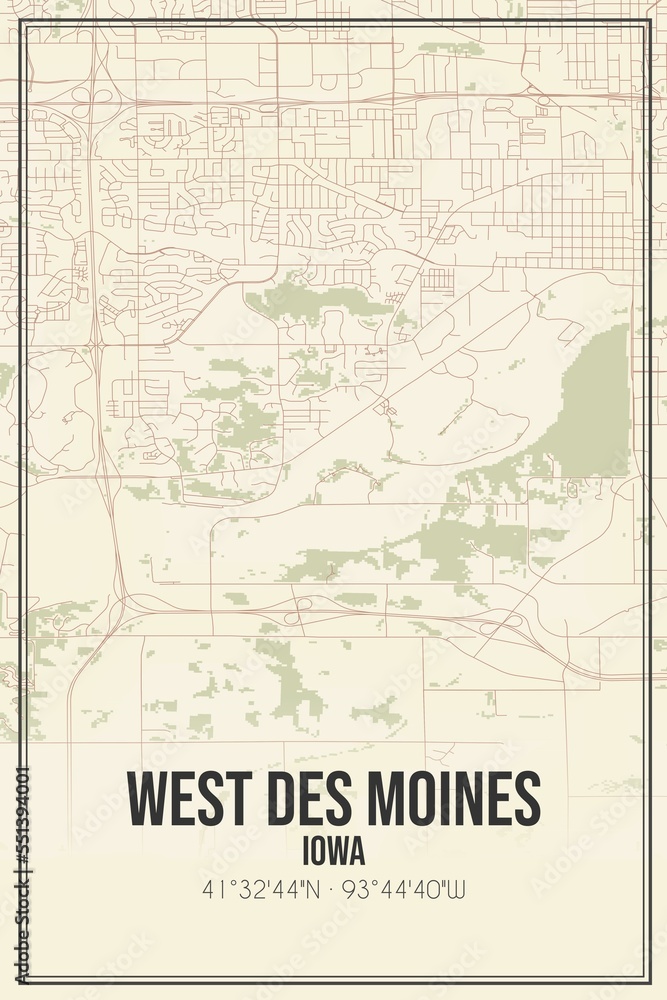 Retro US city map of West Des Moines, Iowa. Vintage street map.