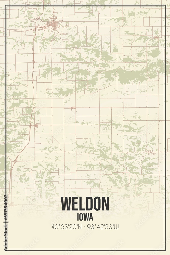 Retro US city map of Weldon, Iowa. Vintage street map.