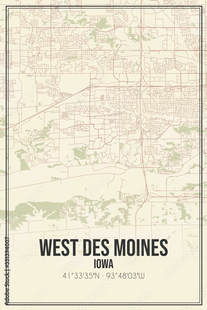 Retro US city map of West Des Moines, Iowa. Vintage street map.