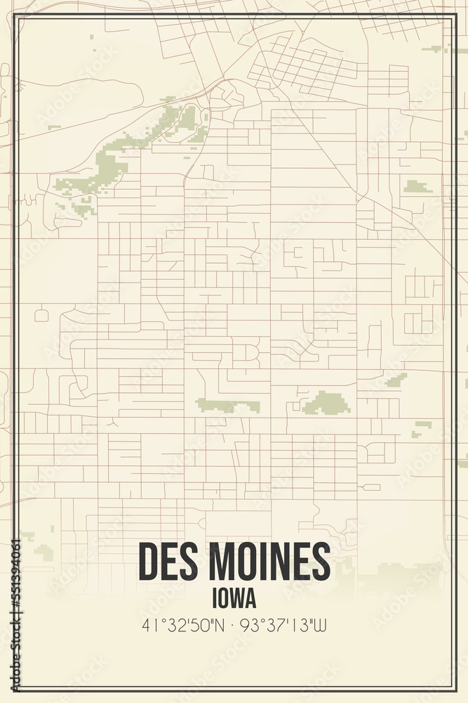 Retro US city map of Des Moines, Iowa. Vintage street map.