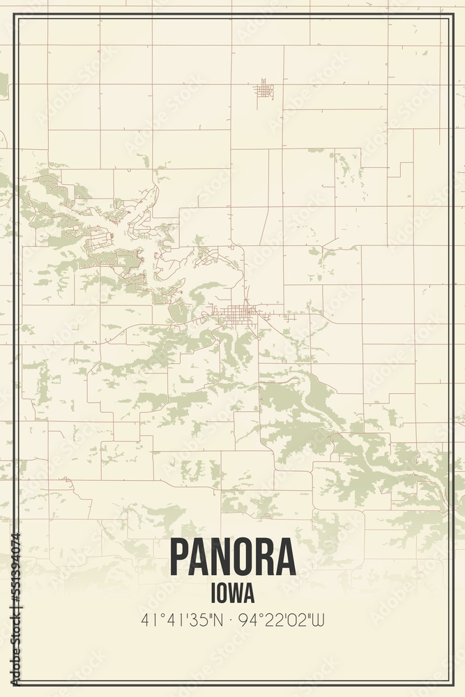 Retro US city map of Panora, Iowa. Vintage street map.