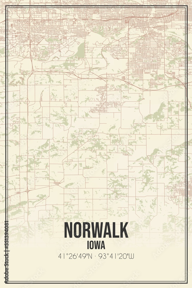 Fototapeta premium Retro US city map of Norwalk, Iowa. Vintage street map.