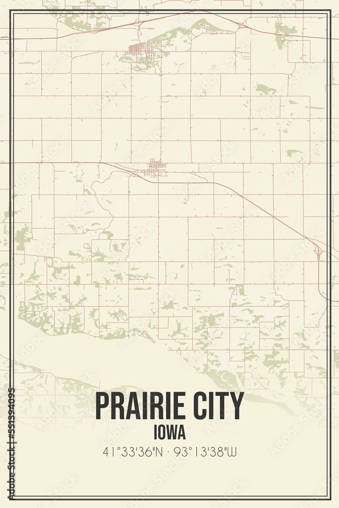 Retro US city map of Prairie City, Iowa. Vintage street map.