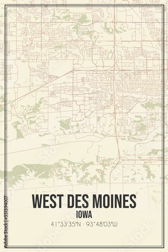 Retro US city map of West Des Moines  Iowa. Vintage street map.