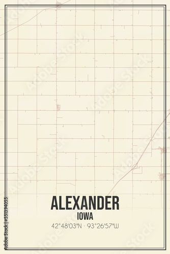 Retro US city map of Alexander, Iowa. Vintage street map.