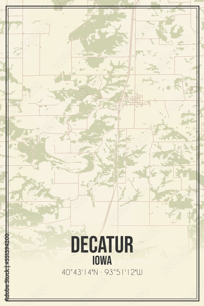 Retro US city map of Decatur, Iowa. Vintage street map.