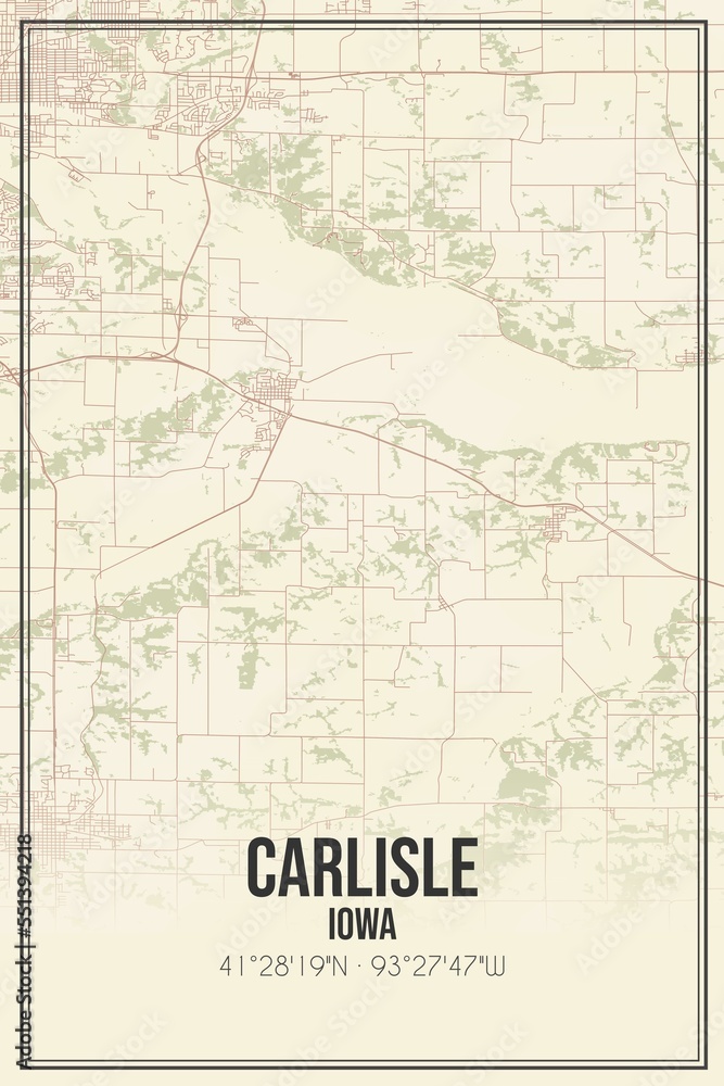 Retro US city map of Carlisle, Iowa. Vintage street map.