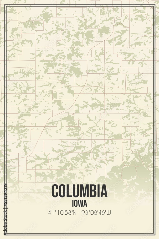 Retro US city map of Columbia, Iowa. Vintage street map.
