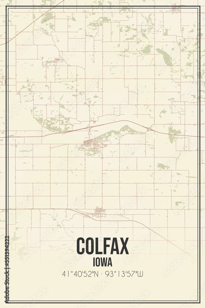 Retro US city map of Colfax, Iowa. Vintage street map.