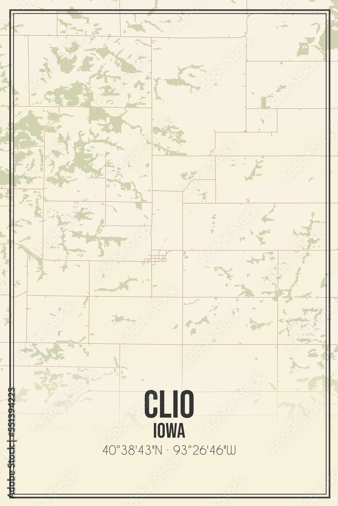 Retro US city map of Clio, Iowa. Vintage street map.
