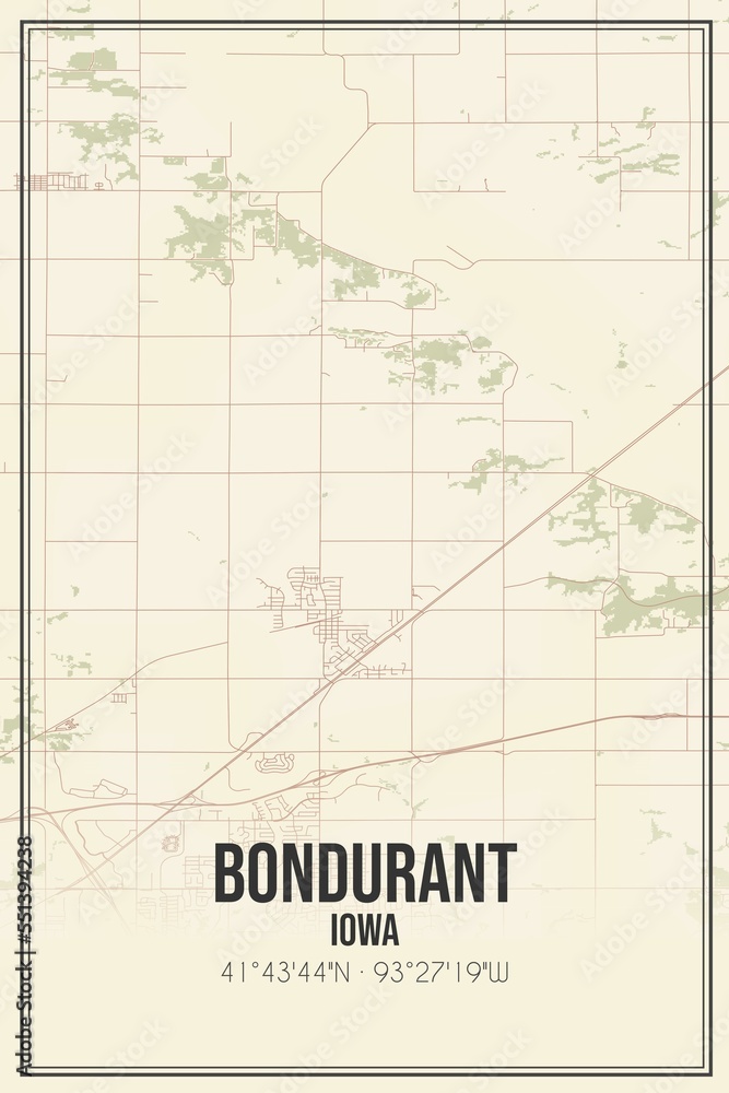 Retro US city map of Bondurant, Iowa. Vintage street map.