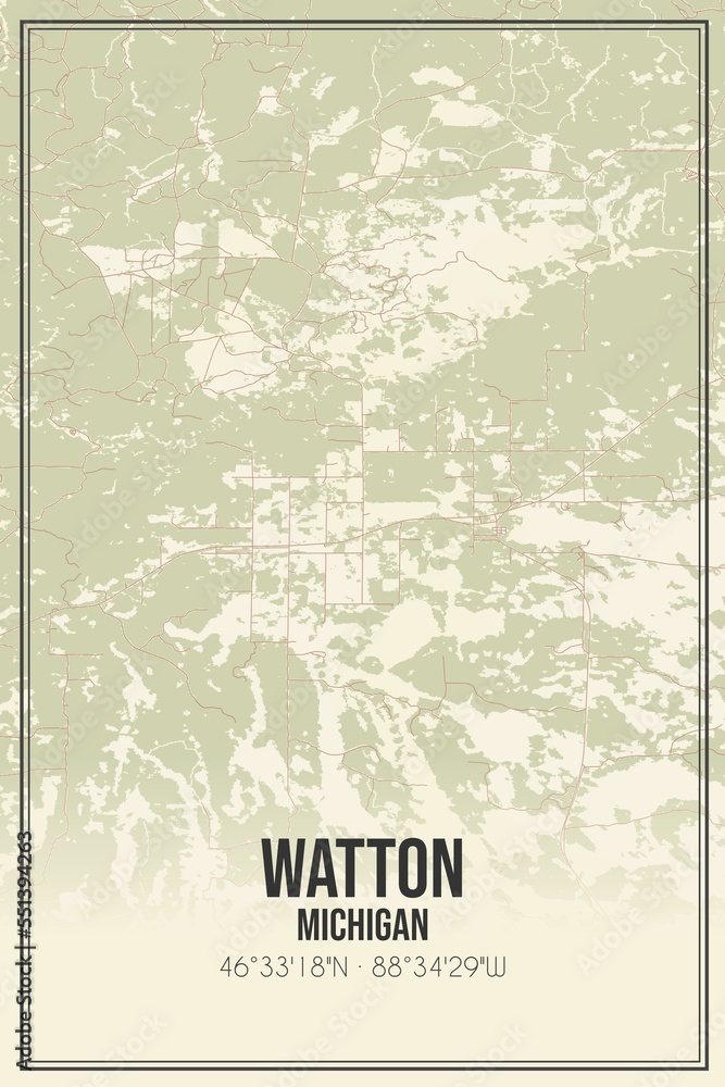 Retro US city map of Watton, Michigan. Vintage street map.