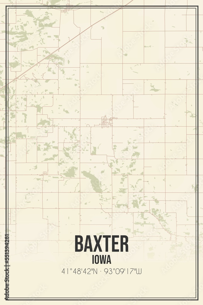 Retro US city map of Baxter, Iowa. Vintage street map.