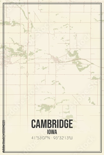 Retro US city map of Cambridge, Iowa. Vintage street map.