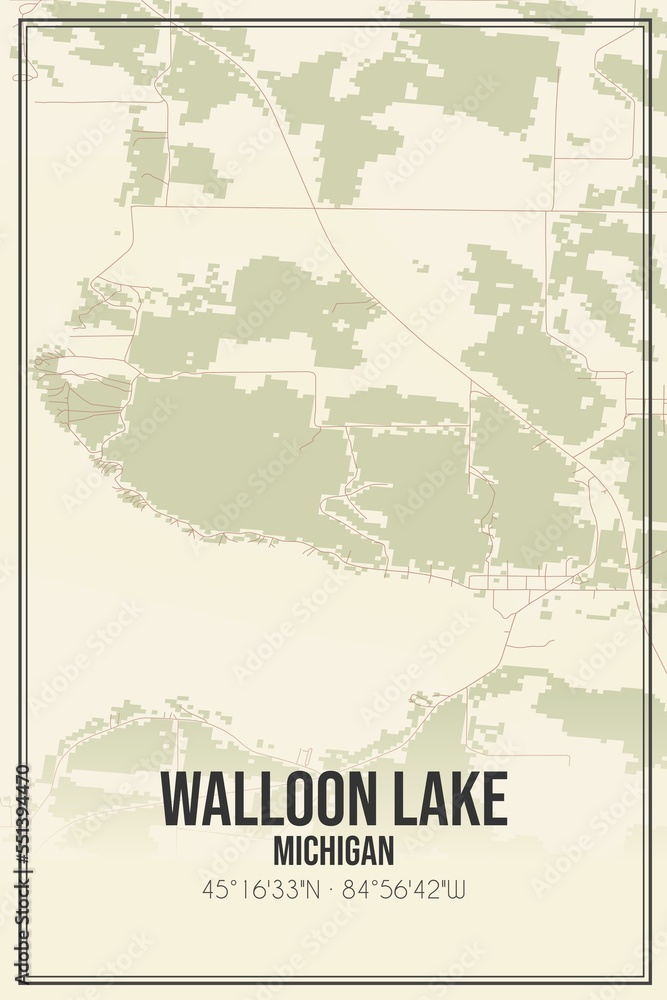 Retro US city map of Walloon Lake, Michigan. Vintage street map.