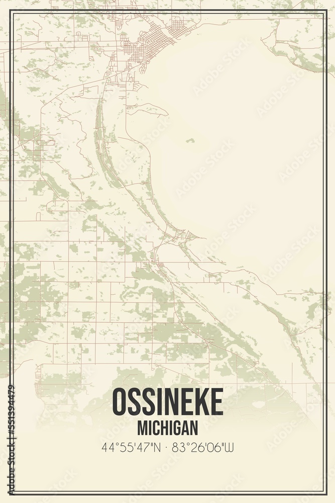 Retro US city map of Ossineke, Michigan. Vintage street map.